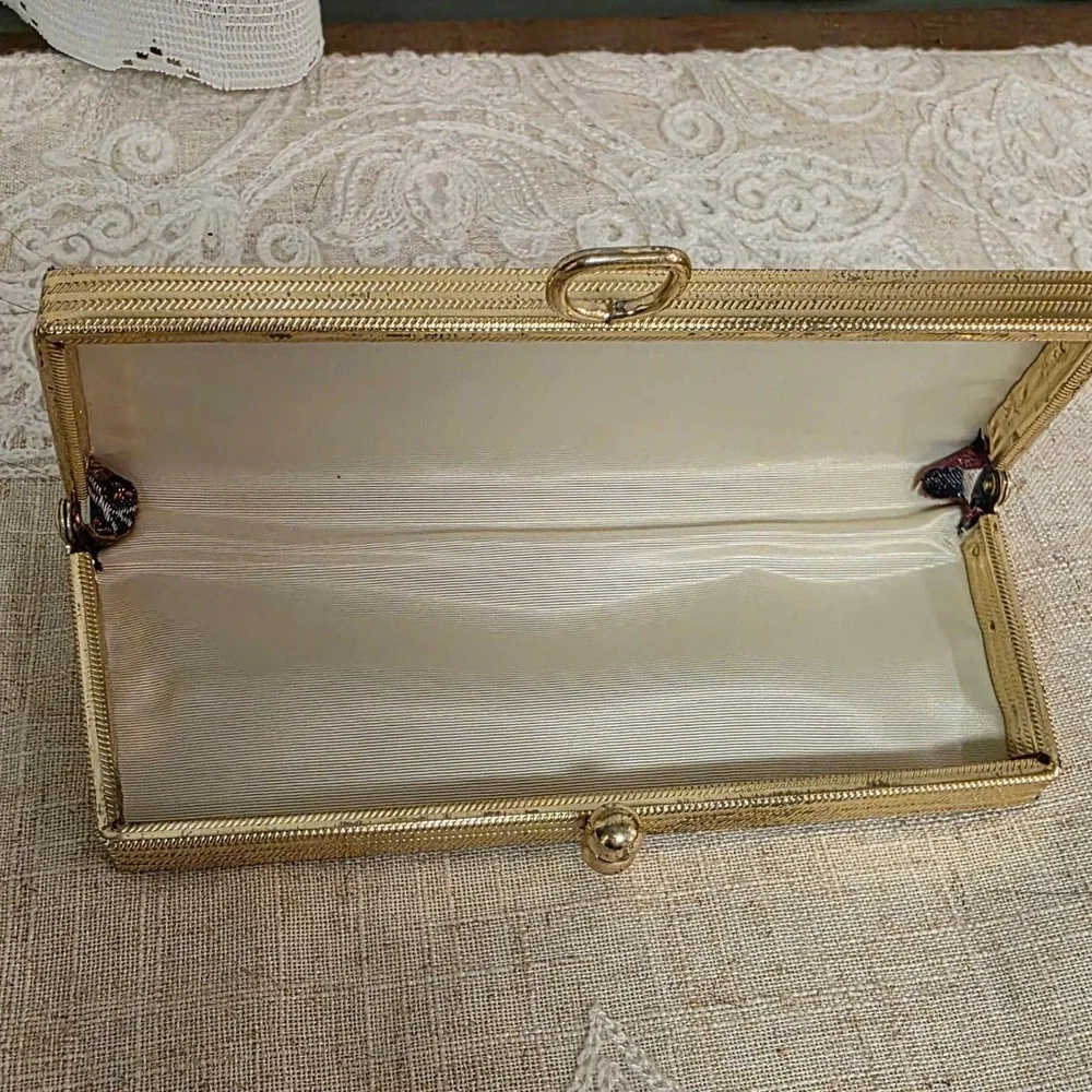 Vintage Slim Reading Eyeglasses Case, Navy Blue Floral Brocade Gold Frame